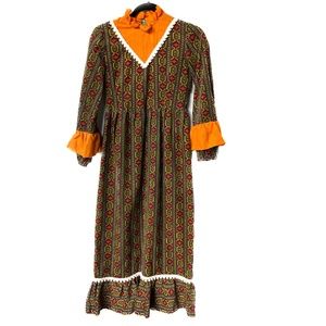 Vintage Jay Bee Dress Sz 14 Corduroy Cottagecore Prairie Ruffle Green Orange